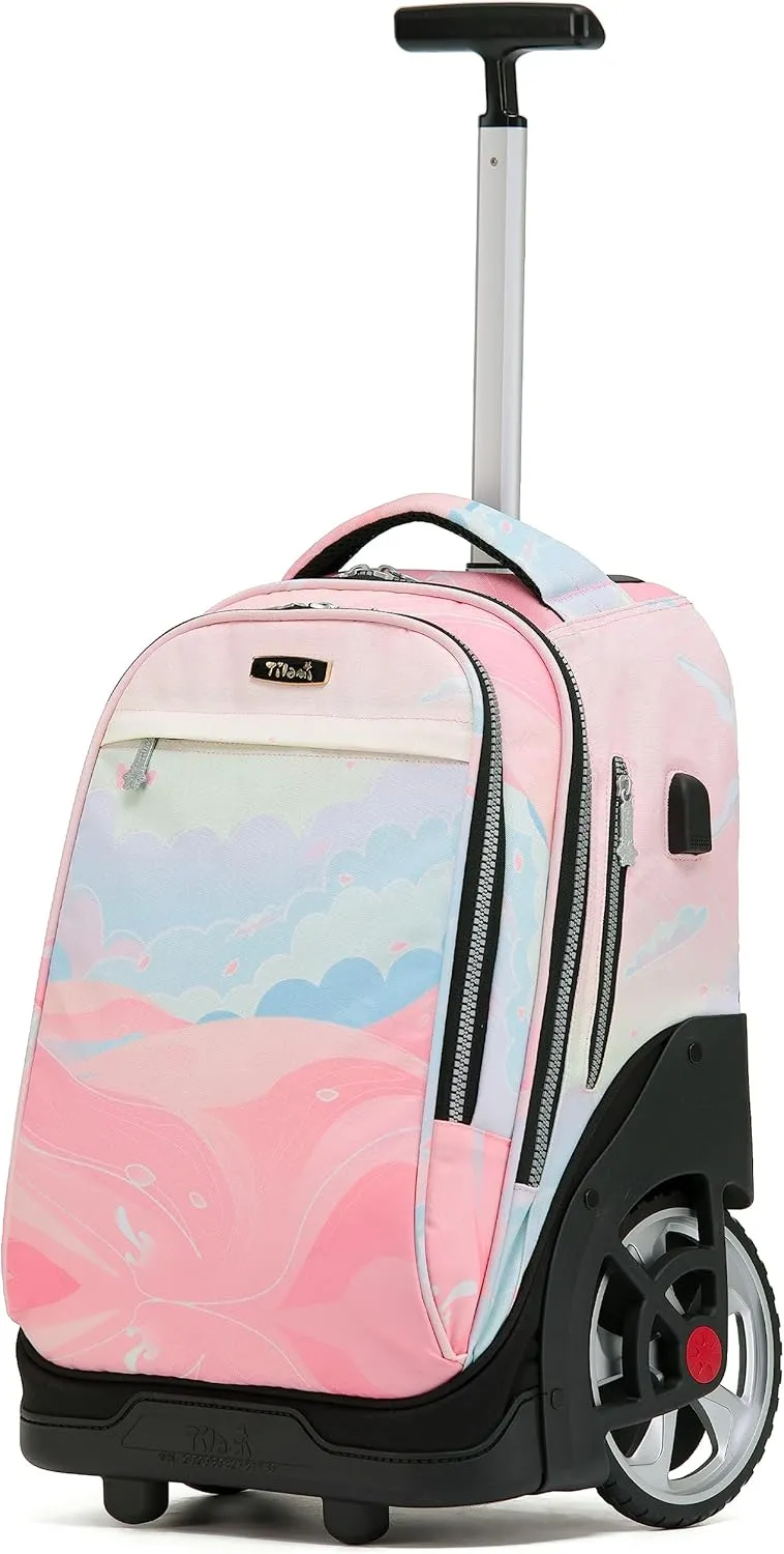 NEW TILAMI Rolling Backpack 19 inch Teens Rolling Backpack Cute Wheeled Computer Laptop Backpack Bookbag Roller Travel Bag College,Pink