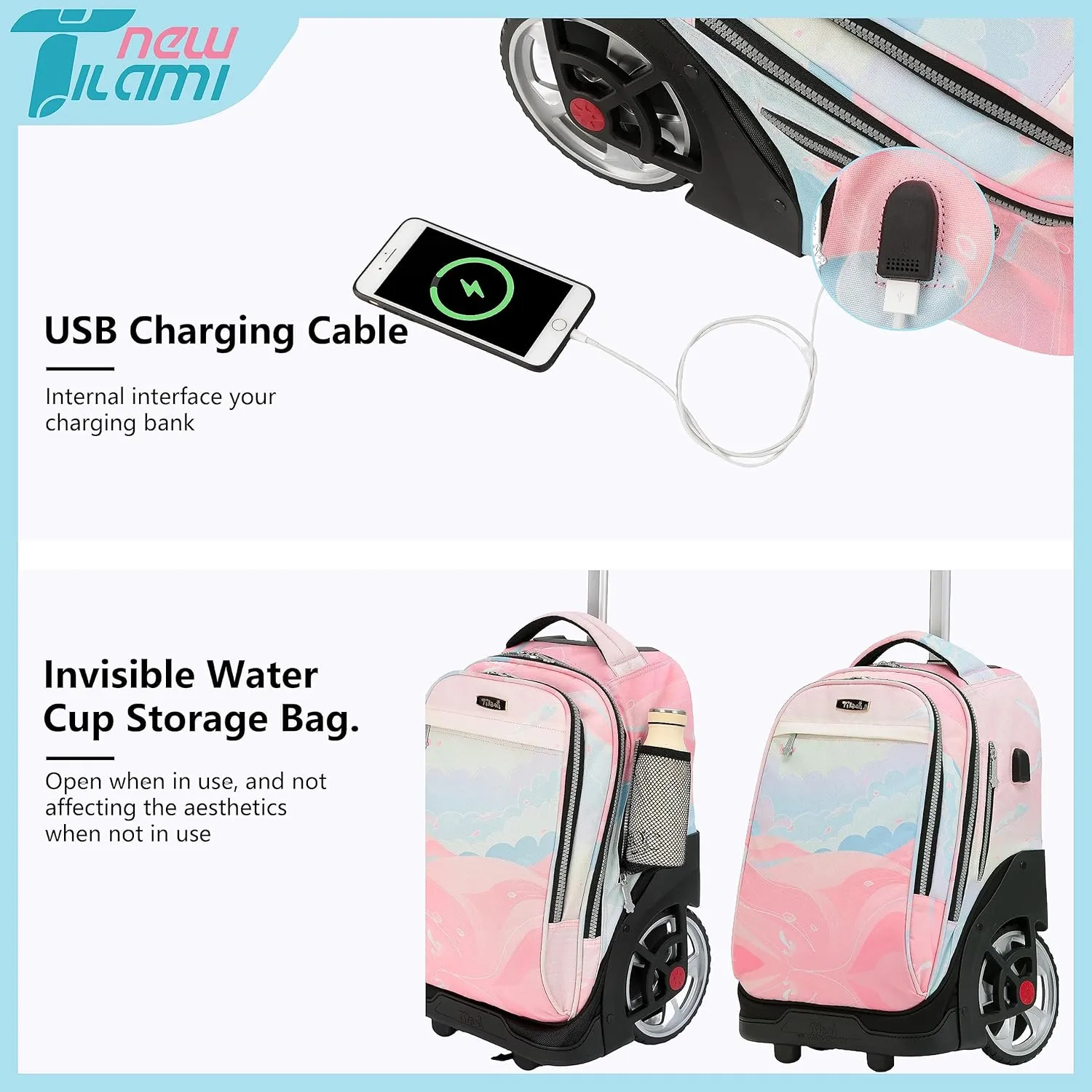 NEW TILAMI Rolling Backpack 19 inch Teens Rolling Backpack Cute Wheeled Computer Laptop Backpack Bookbag Roller Travel Bag College,Pink