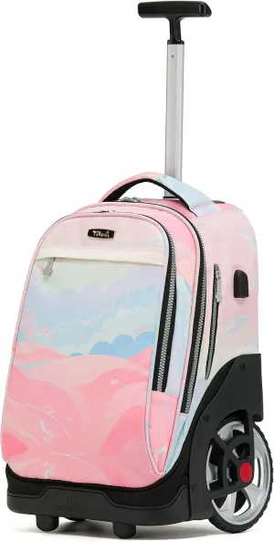 NEW TILAMI Rolling Backpack 19 inch Teens Rolling Backpack Cute Wheeled Computer Laptop Backpack Bookbag Roller Travel Bag College,Pink