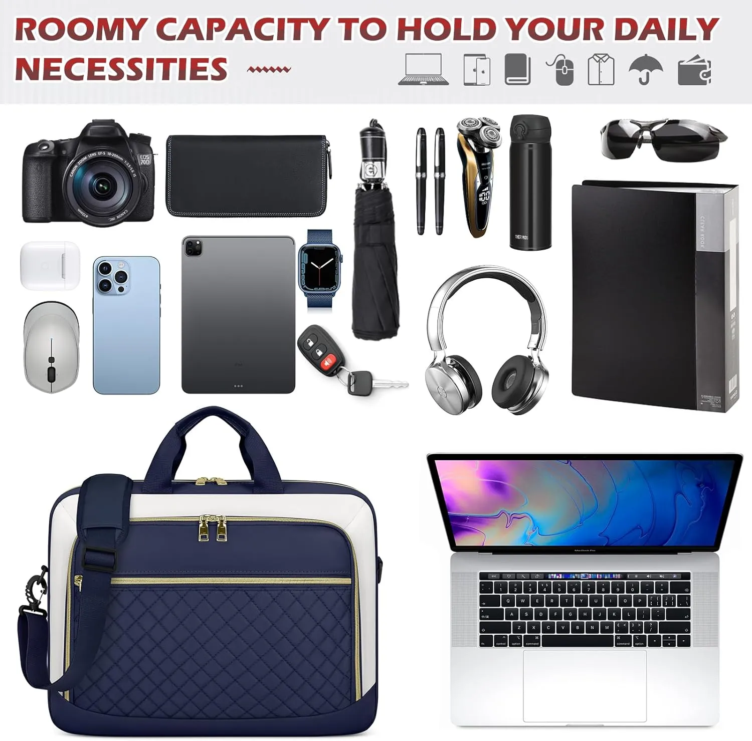 NEWHEY Laptop Bag 17.3 Inch Laptop Briefcase for Women Men Waterproof Shoulder Messenger Bag Large Computer Bag for Business Office Work College, Blue&Beige