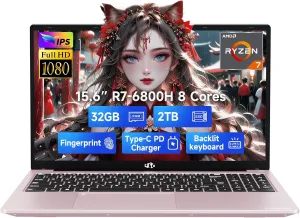 NIMO 15.6" IPS FHD-Gaming-Laptop, 8 Cores AMD Ryzen 7 6800H 32GB DDR5 RAM 2TB SSD (Beat Intel i7-12700H, Up to 4.7GHz) AMD Radeon 680M GPU-Computer with 100W Type-C Backlit Keyboard, Fingerprint