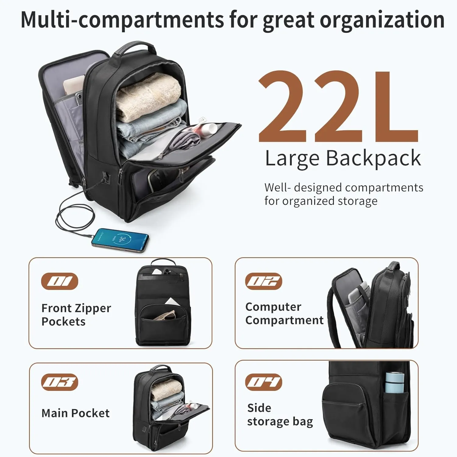 NOBLEMAN 16in Laptop Work Backpack for Men Professional, 1680D Fabric Waterproof Business Casual 20L Backpacks Scratch Resistant, Heavy Duty Daypack for College Computer Bags with USB Charging(Black)