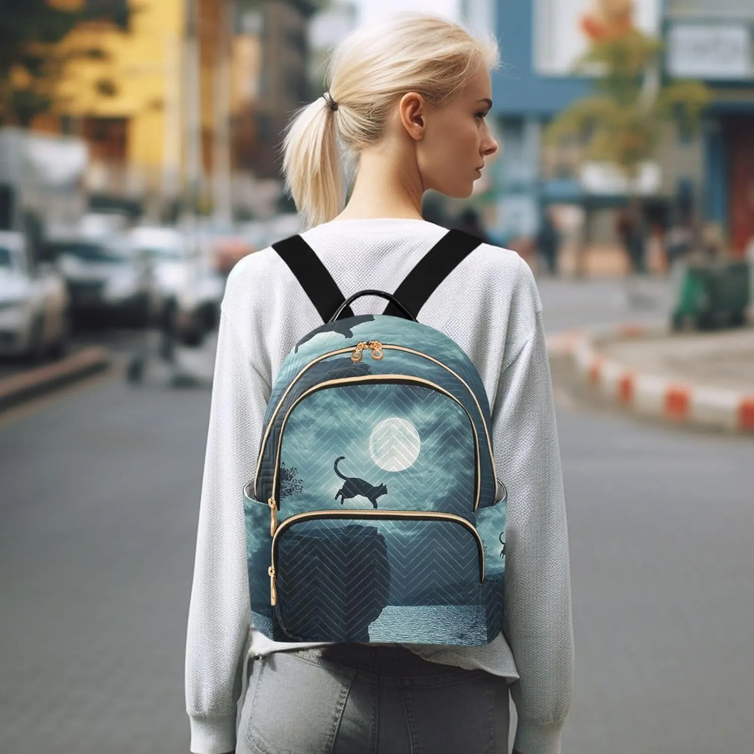 ODAWA Cat Jumping from Cliff Quilted Backpack Womens Backpack Purse Small Travel Purse