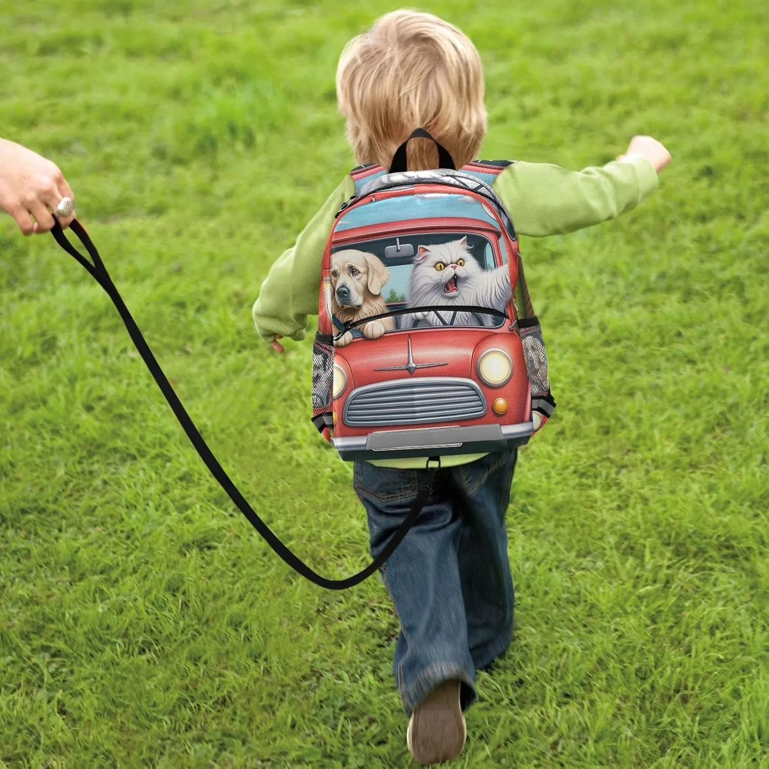 ODAWA Funny Angry Cat Driver Toddler Backpack Leash for Boys Kindergarten Preschool Kids Nursery Travel Bag Daycare Bag