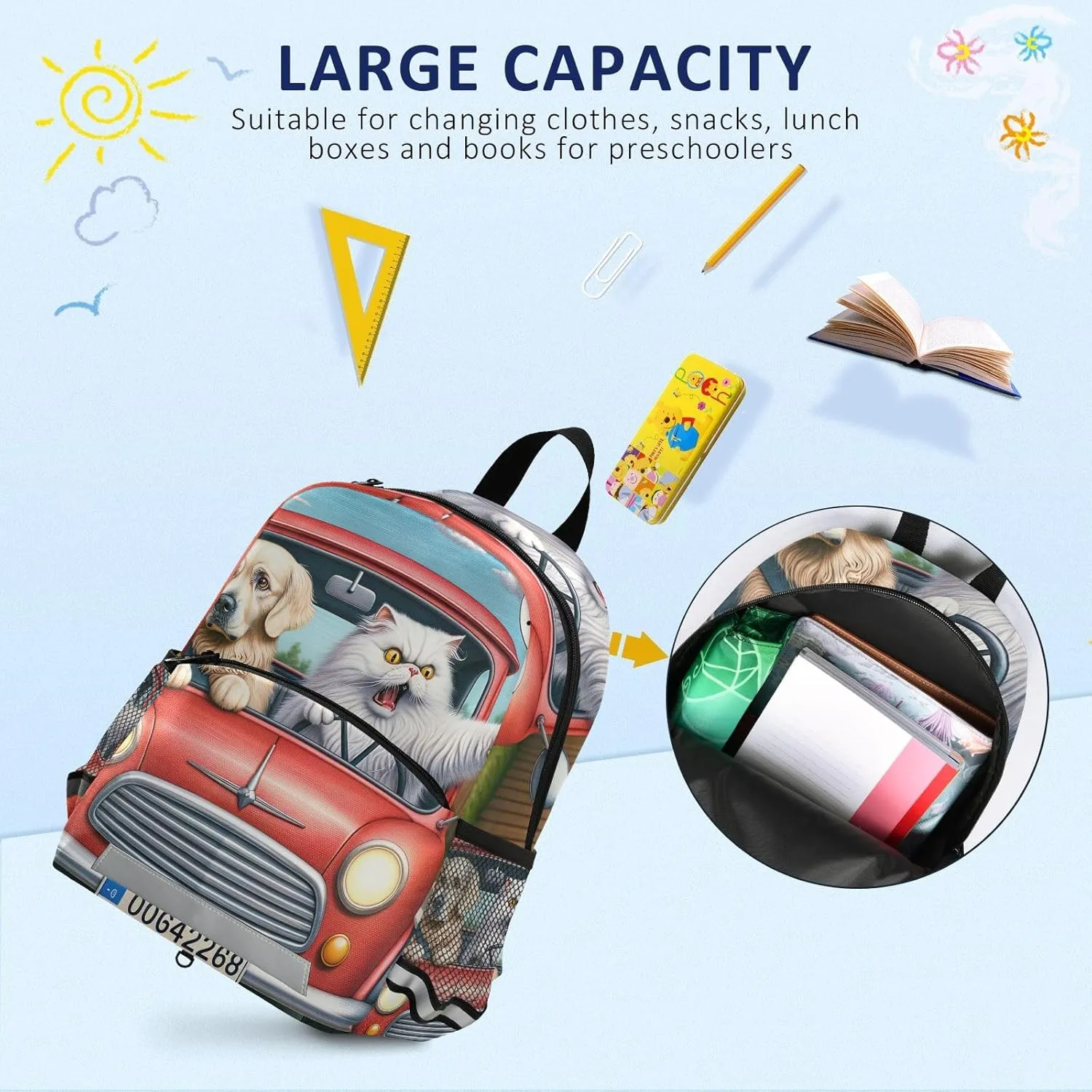 ODAWA Funny Angry Cat Driver Toddler Backpack Leash for Boys Kindergarten Preschool Kids Nursery Travel Bag Daycare Bag