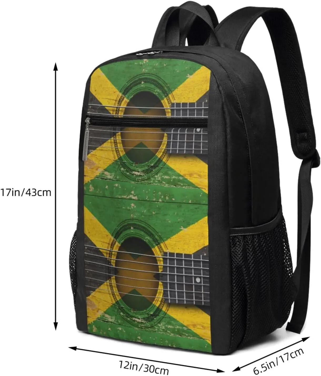 Old Acoustic Guitar With Jamaican Flag Casual Backpacks Sports Backpack Large Capacity Travel Rucksack Laptop Daypack with Multi-Pockets Adjustable Strap Work Bag for Hiking