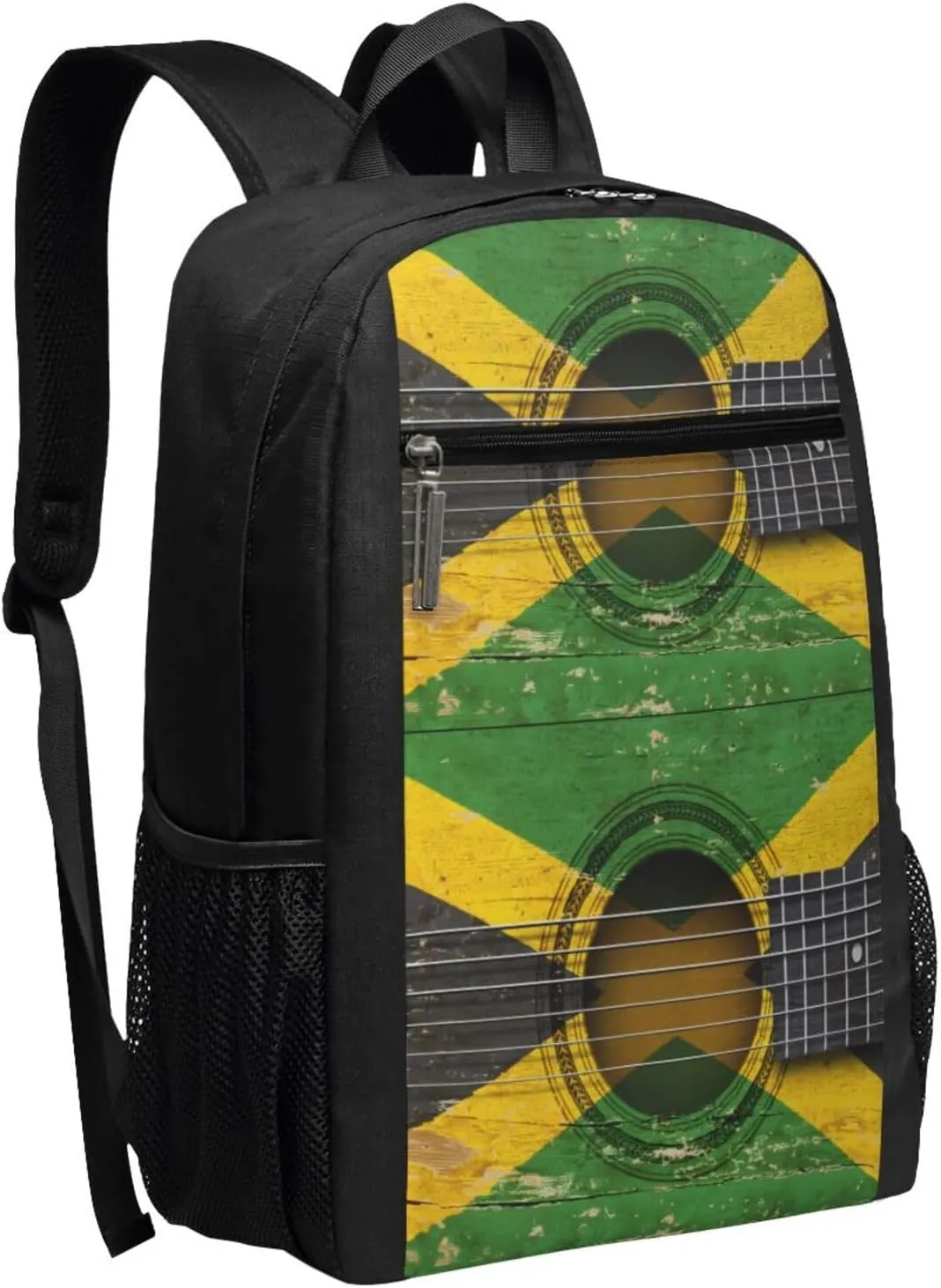 Old Acoustic Guitar With Jamaican Flag Casual Backpacks Sports Backpack Large Capacity Travel Rucksack Laptop Daypack with Multi-Pockets Adjustable Strap Work Bag for Hiking