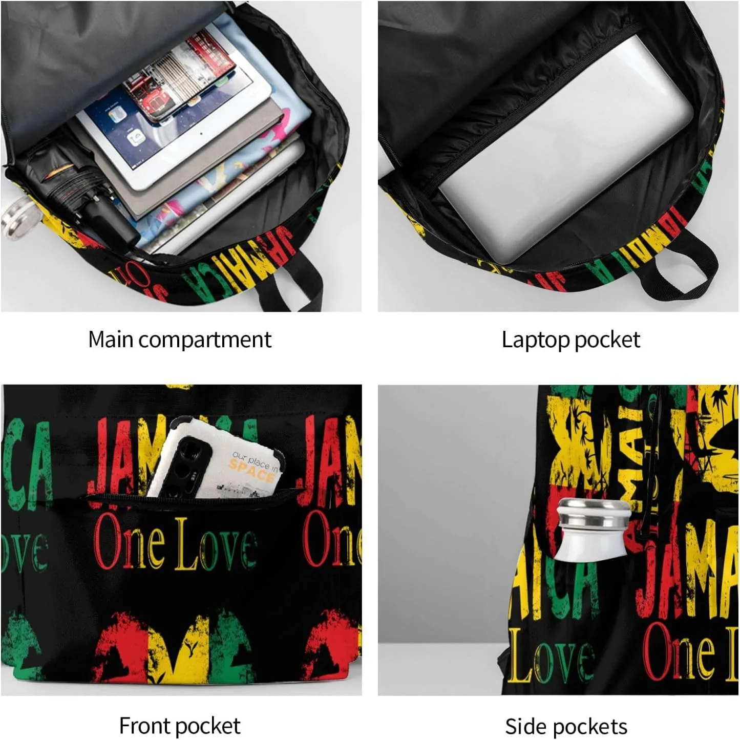 One Loves Jamaican Rasta Reggae Seaside Vacation Casual Backpacks Large Travel Backpack Laptop Rucksack Sports Daypack Adjustable Strap Bag for Camping Hiking