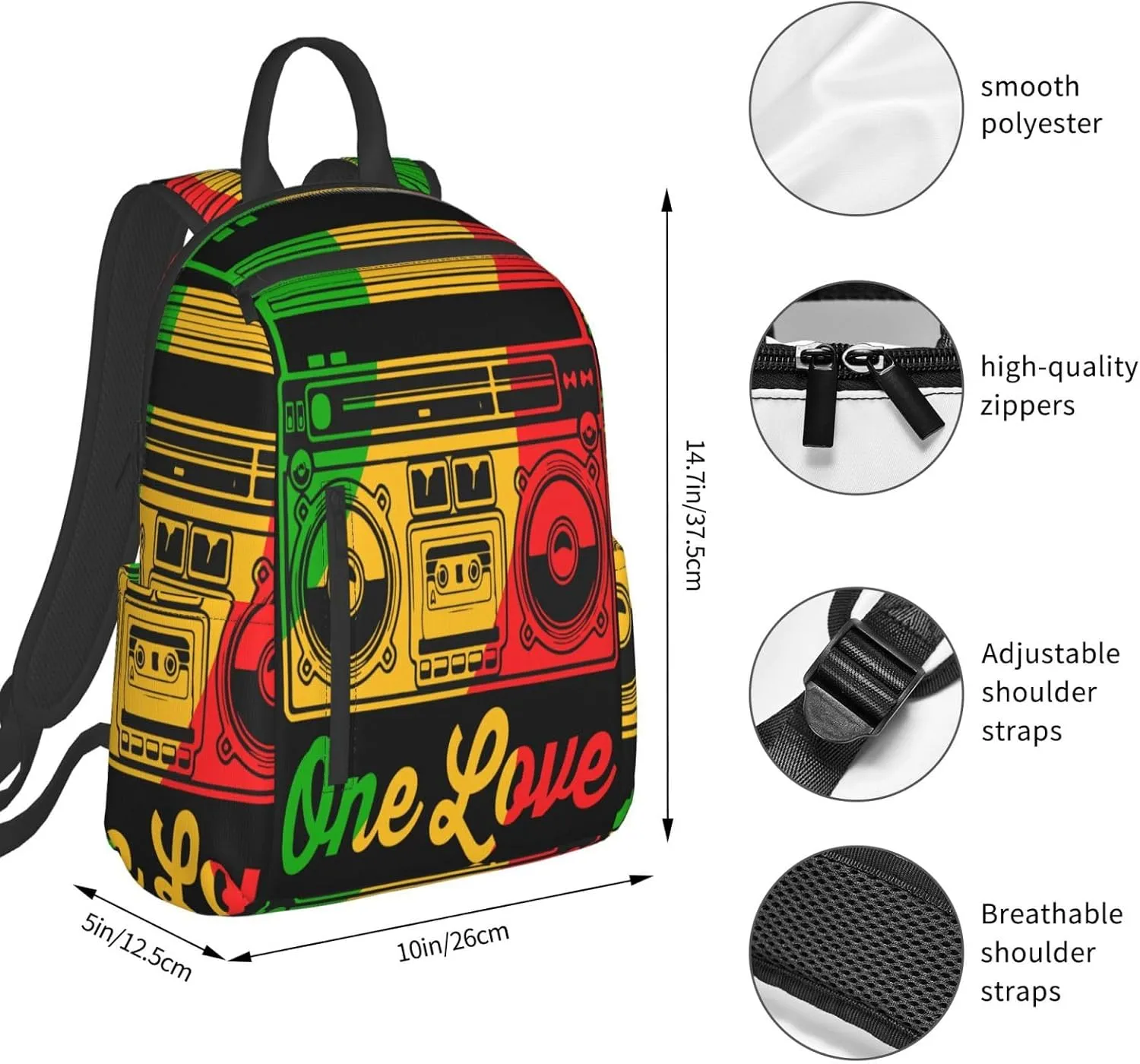 One Loves Reggae Retro Radio Stereo Casual Backpacks Laptop Backpack Outdoor Travel Rucksack Sport Carry-On Daypack Lightweight Bag with Multi-Pockets