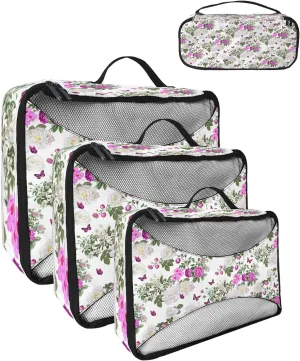 Packing Cubes for Travel, 4 Set Travel Packing Organized Cubes Floral Plants Green Leaves Vintage Butterfly Waterproof Luggage Organizer Shoe Bag Travel Accessories for Carry On Suitcases