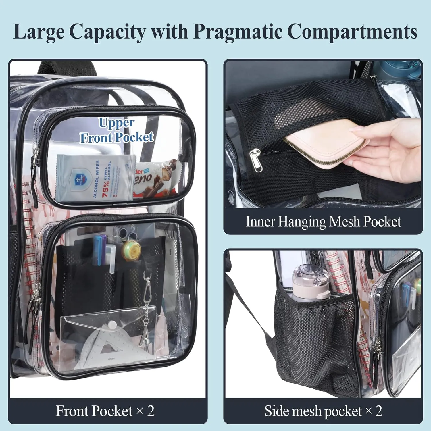 PACKISM Clear Backpack - 2 Pack Different Style Large Clear Backpack Heavy Duty Transparent Backpacks for School, See Through Bookbag for Student, Work, Travel, Black(for age 12 above)