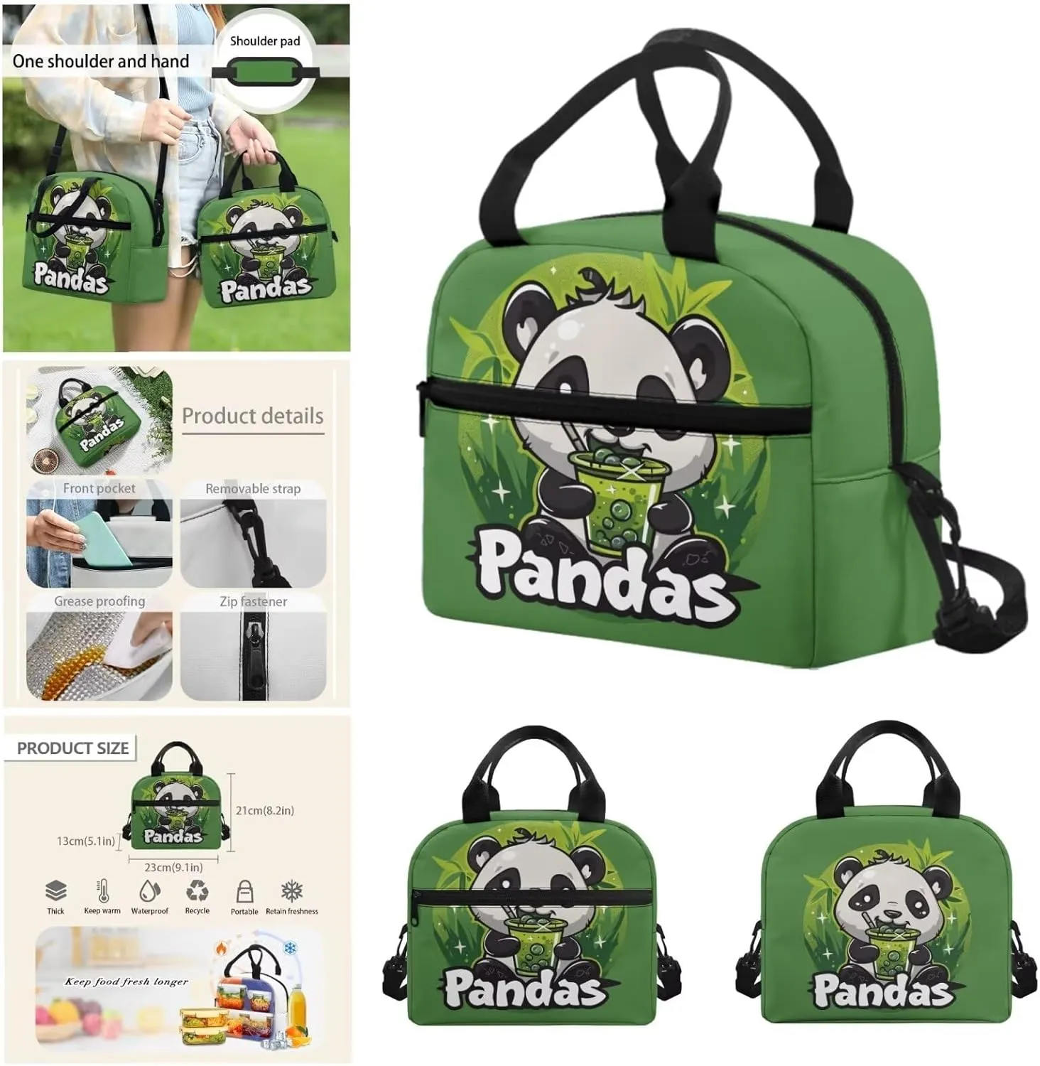 Panda 4 in 1 Kids Backpacks for Girls with Lunch Box 17 Inch Book Bag for Girls with Lunch Box Reusable Lunch Bag with Shoulder Strap for School Travel Vacation