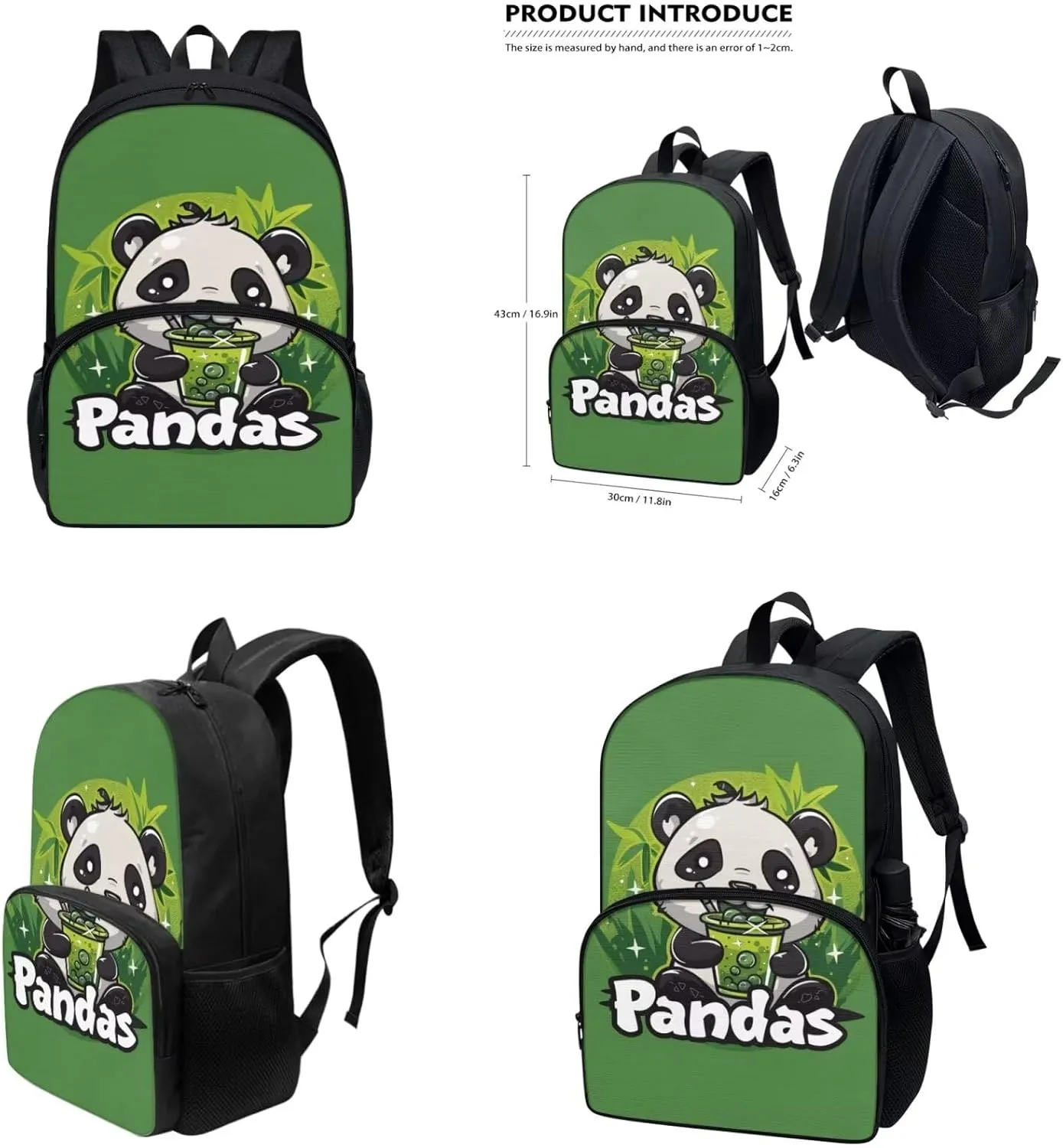 Panda 4 in 1 Kids Backpacks for Girls with Lunch Box 17 Inch Book Bag for Girls with Lunch Box Reusable Lunch Bag with Shoulder Strap for School Travel Vacation