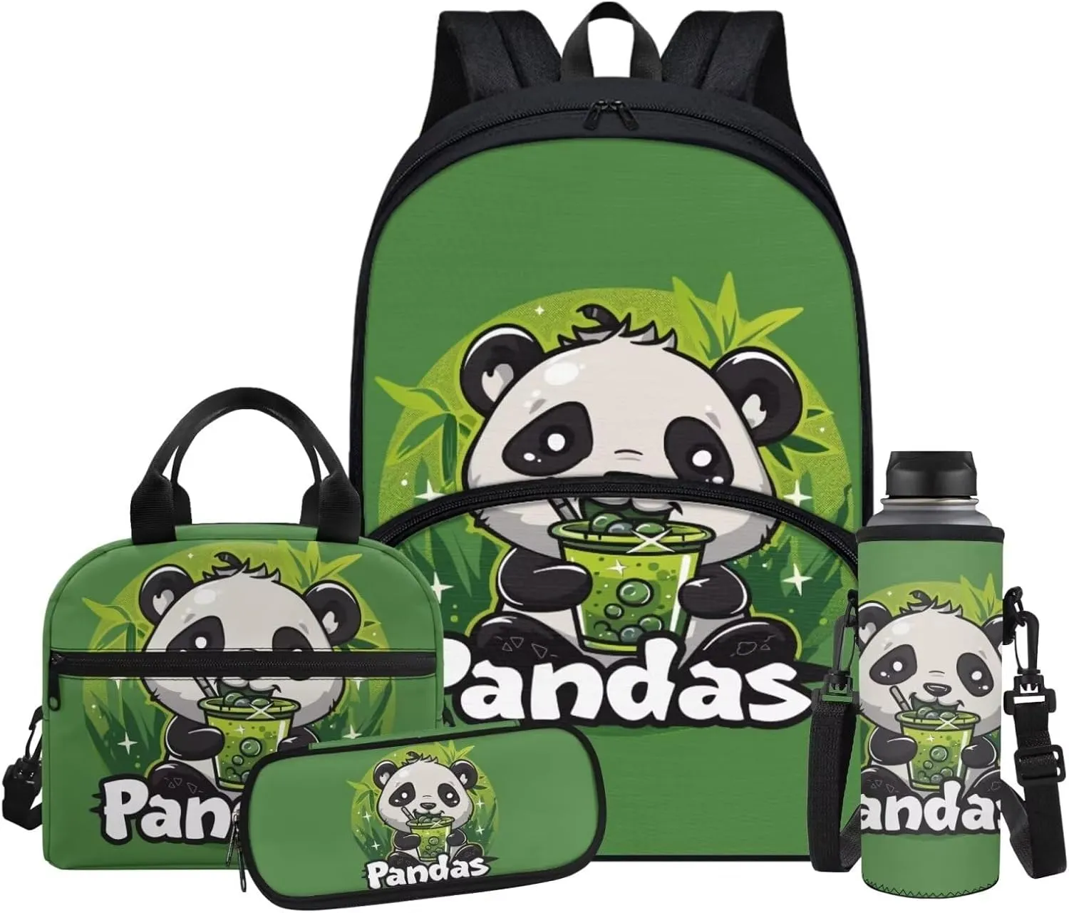 Panda 4 in 1 Kids Backpacks for Girls with Lunch Box 17 Inch Book Bag for Girls with Lunch Box Reusable Lunch Bag with Shoulder Strap for School Travel Vacation