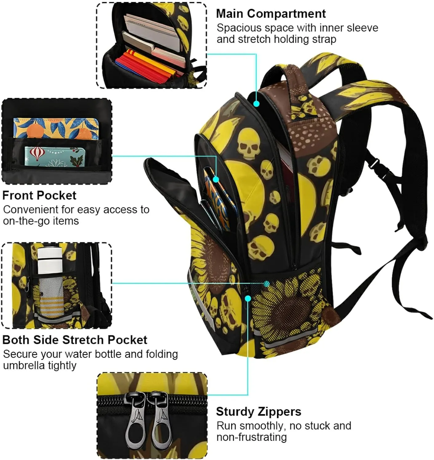 panksolu Skull & Sunflowers Backpacks Lightweight Laptop Backpack School Book Bag Travel Hiking Daypack for Women Men Teens Kids One Size