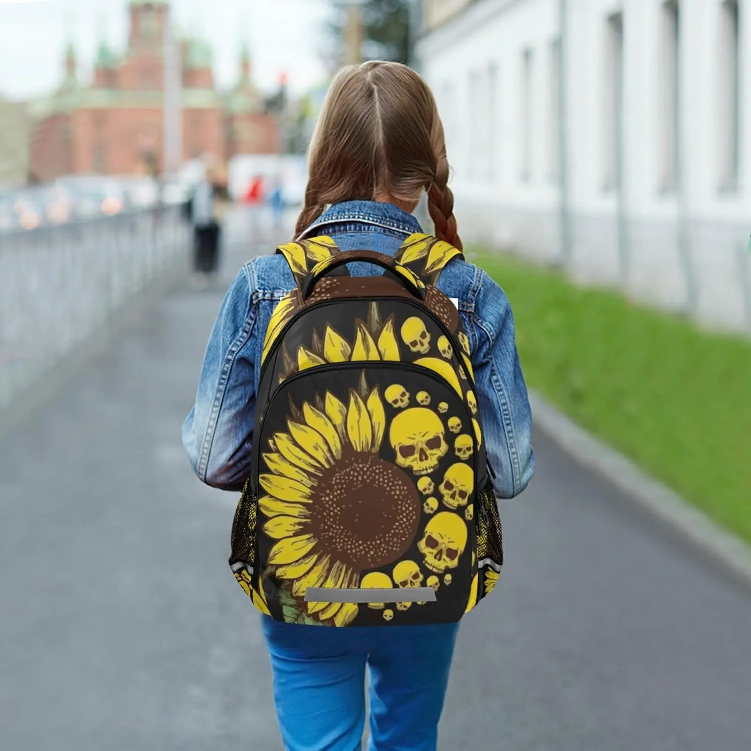 panksolu Skull & Sunflowers Backpacks Lightweight Laptop Backpack School Book Bag Travel Hiking Daypack for Women Men Teens Kids One Size