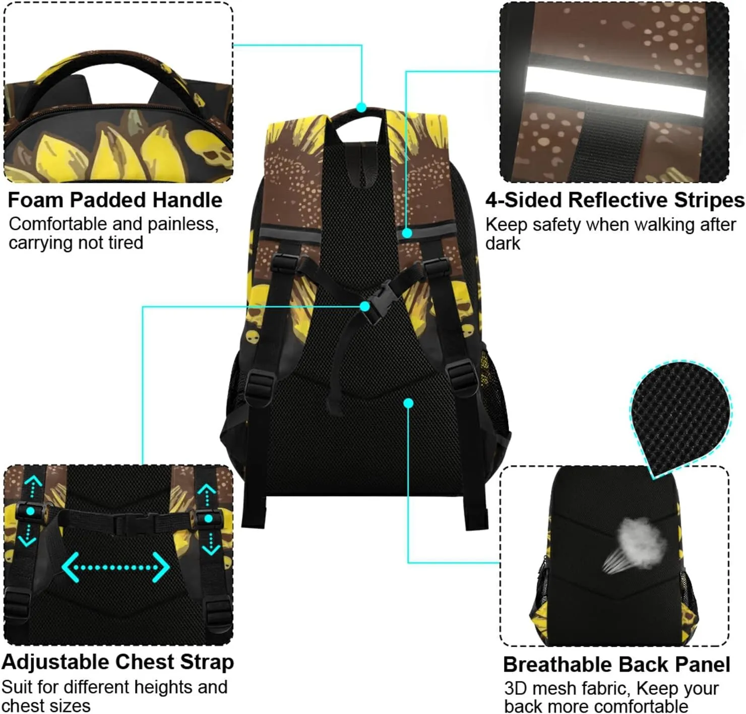 panksolu Skull & Sunflowers Backpacks Lightweight Laptop Backpack School Book Bag Travel Hiking Daypack for Women Men Teens Kids One Size