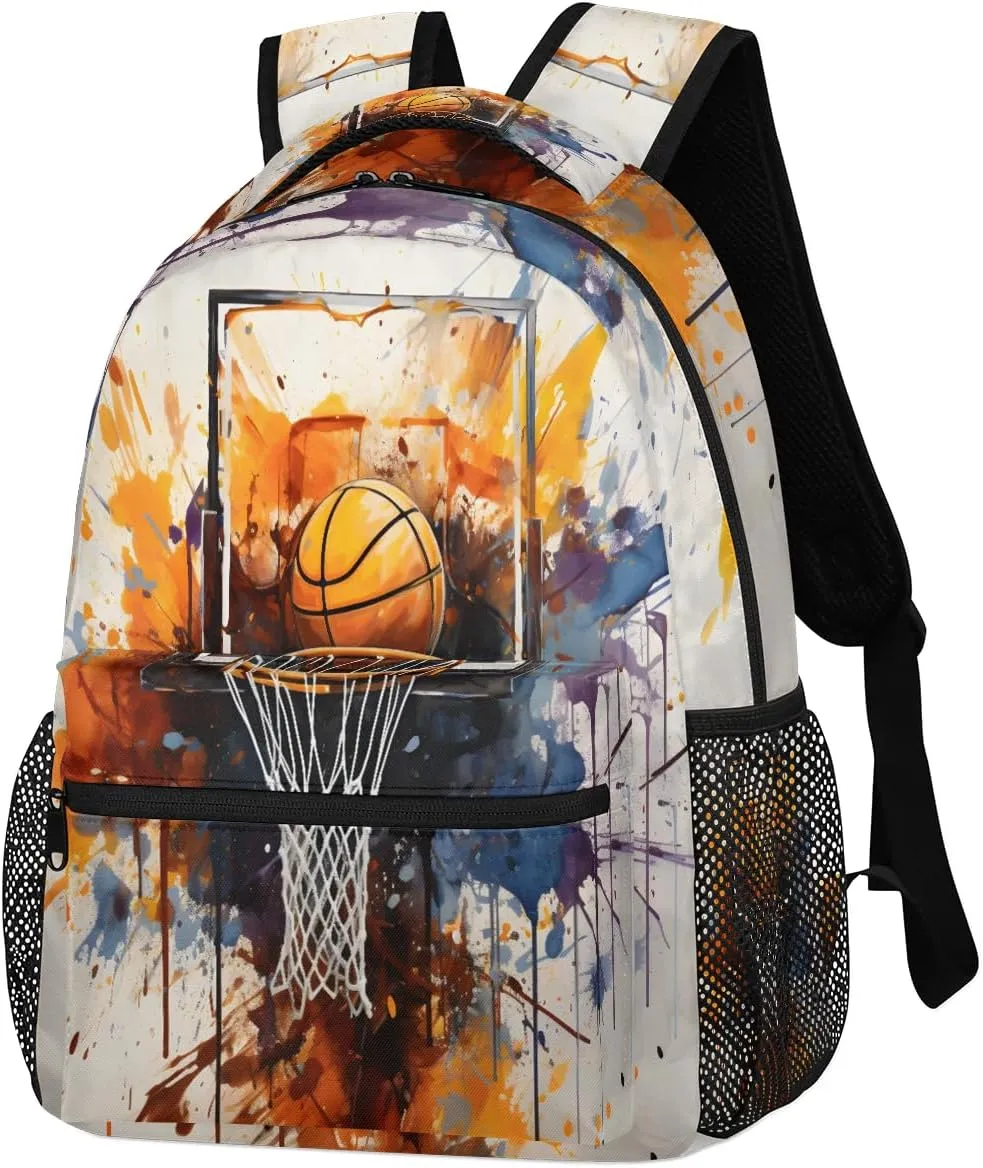 Pardick Backpacks for Girls Boys, Watercolor Sport Basketball Travel Backpack Laptop Backpack Waterproof School Backpack Bookbags for Teens Kids Backpack with Multiple Pocket