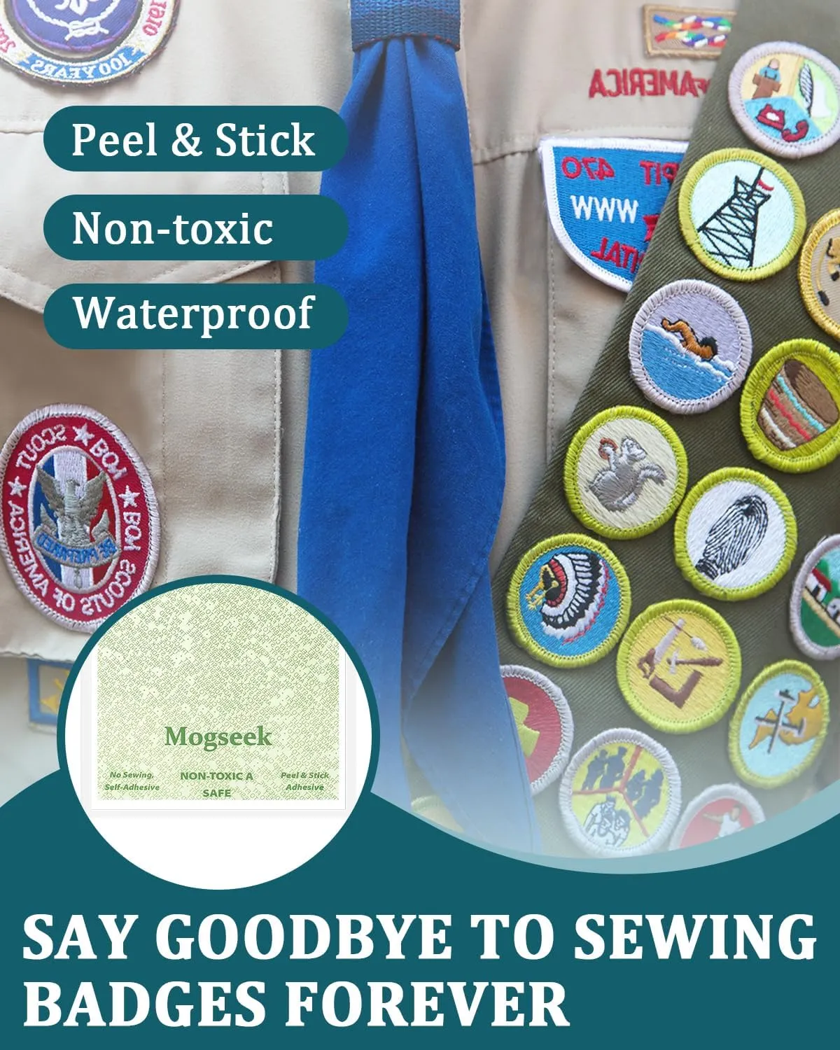 Patch Magic Adhesive, Girl Scout Patch Adhesive Washable Double-Sided Glue for Scout Badges, Patches, Fabric, and More, Cut to Fit Freestyle, No Sew No Iron 4 Pack
