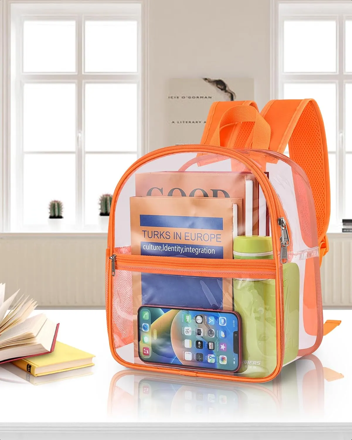 Paxiland Clear Backpack Stadium Approved 12×12×6 with Reinforced and Wider Shoulder Straps, Small Clear Bag for Schools, Concerts, Work, Festivals and Sporting Events - Orange