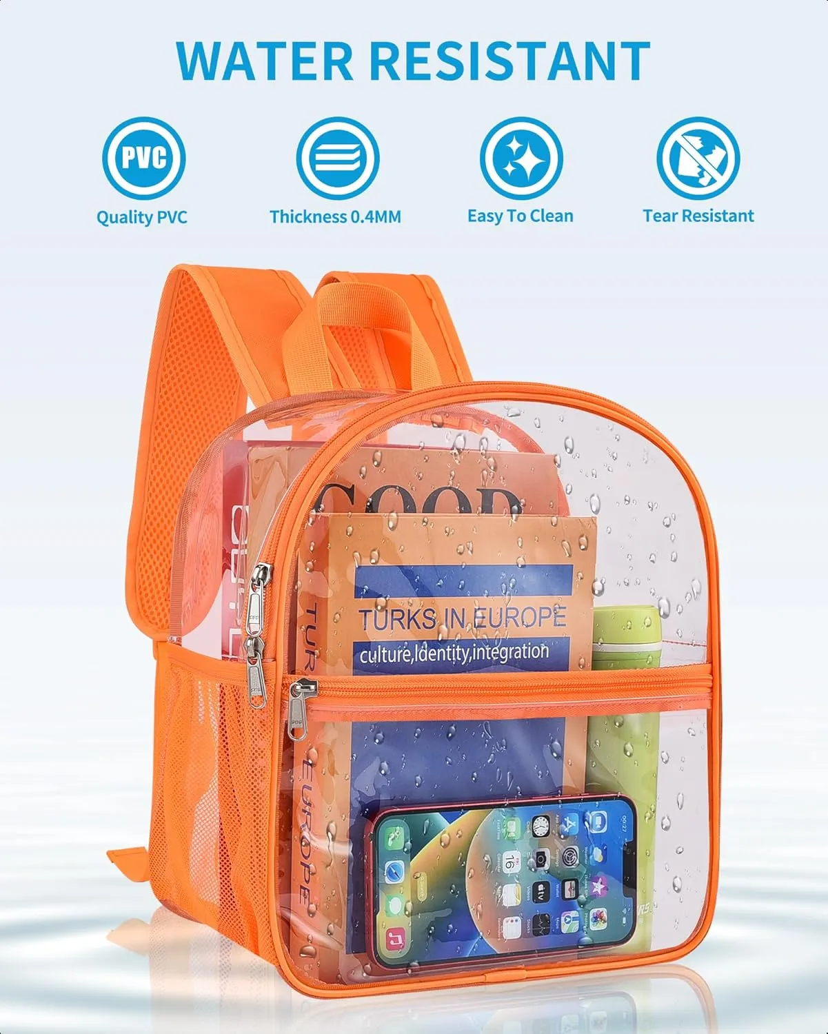 Paxiland Clear Backpack Stadium Approved 12×12×6 with Reinforced and Wider Shoulder Straps, Small Clear Bag for Schools, Concerts, Work, Festivals and Sporting Events - Orange
