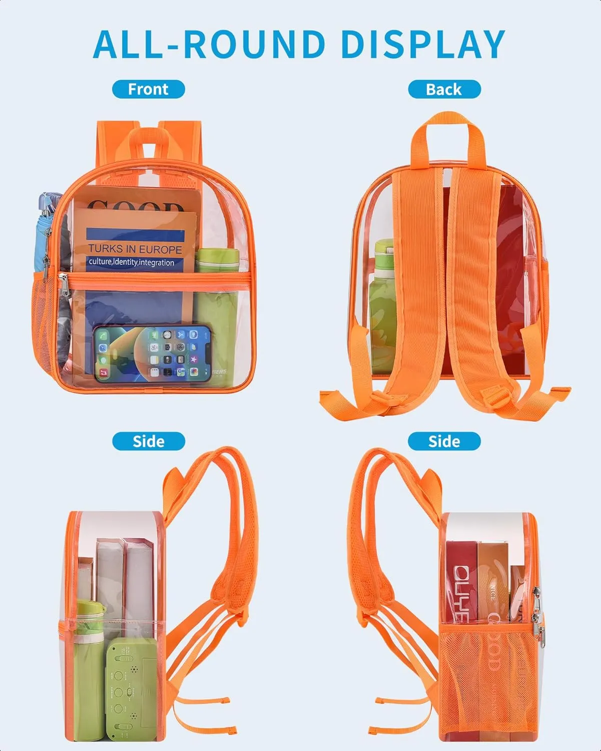 Paxiland Clear Backpack Stadium Approved 12×12×6 with Reinforced and Wider Shoulder Straps, Small Clear Bag for Schools, Concerts, Work, Festivals and Sporting Events - Orange