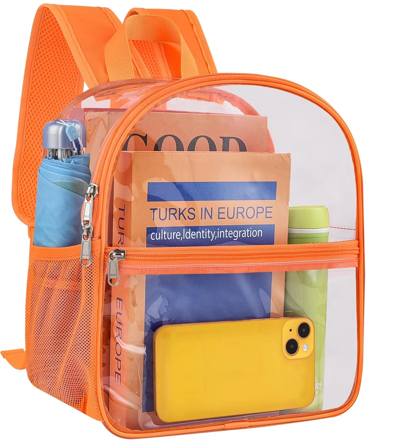 Paxiland Clear Backpack Stadium Approved 12×12×6 with Reinforced and Wider Shoulder Straps, Small Clear Bag for Schools, Concerts, Work, Festivals and Sporting Events - Orange