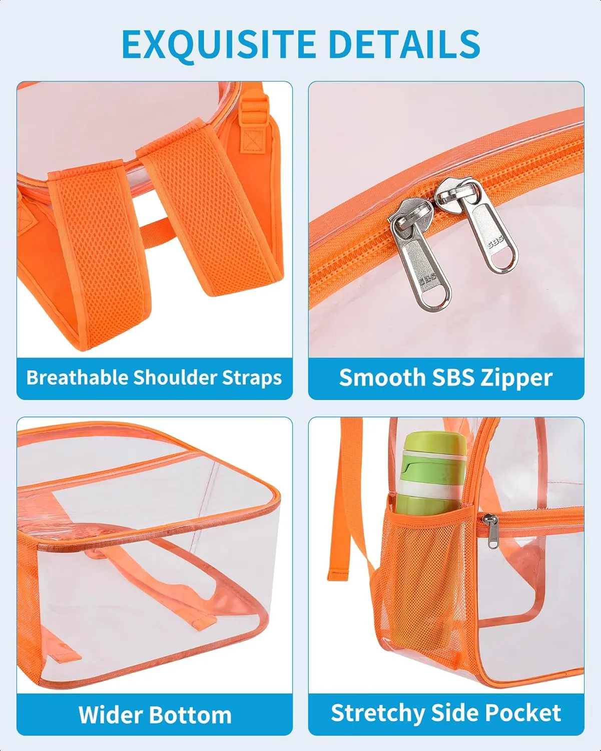 Paxiland Clear Backpack Stadium Approved 12×12×6 with Reinforced and Wider Shoulder Straps, Small Clear Bag for Schools, Concerts, Work, Festivals and Sporting Events - Orange