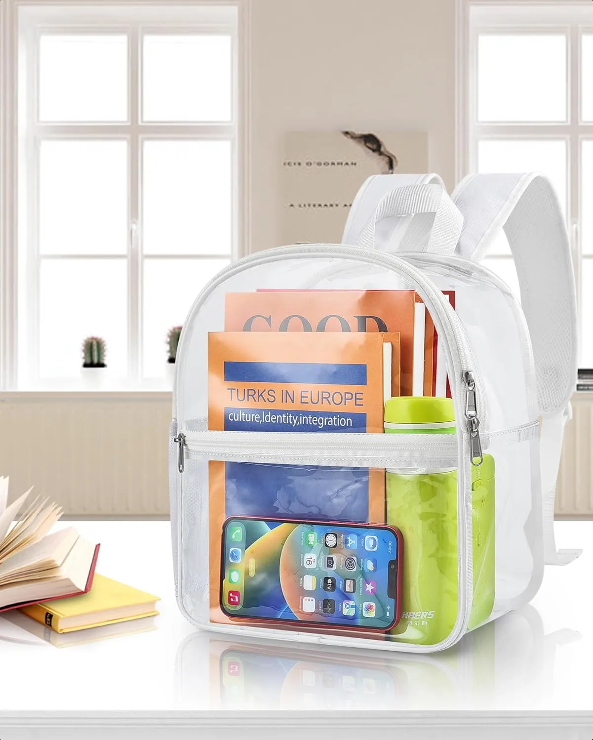 Paxiland Clear Backpack Stadium Approved 12×12×6 with Reinforced and Wider Shoulder Straps, Small Clear Bag for Schools, Concerts, Work, Festivals and Sporting Events - White