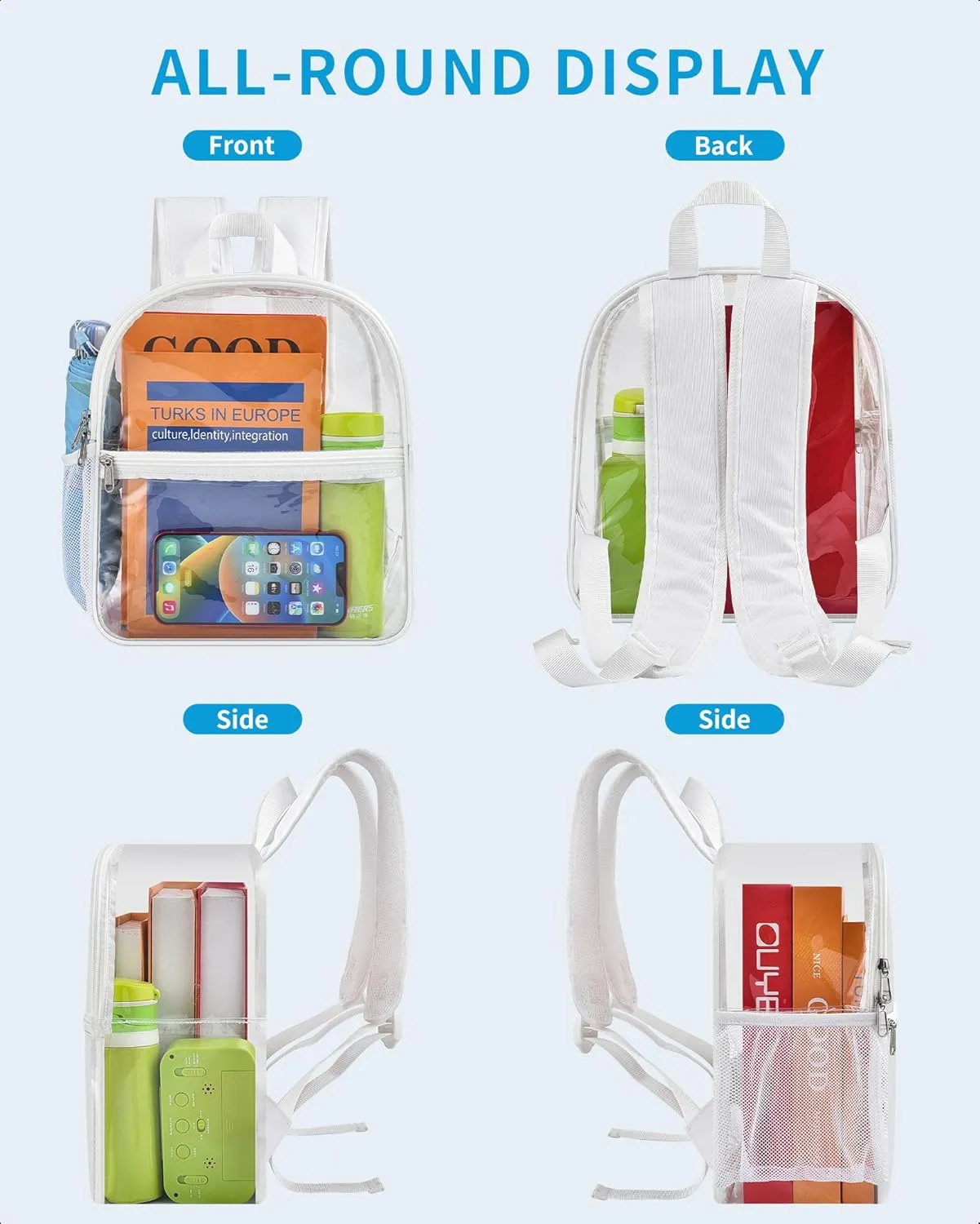Paxiland Clear Backpack Stadium Approved 12×12×6 with Reinforced and Wider Shoulder Straps, Small Clear Bag for Schools, Concerts, Work, Festivals and Sporting Events - White