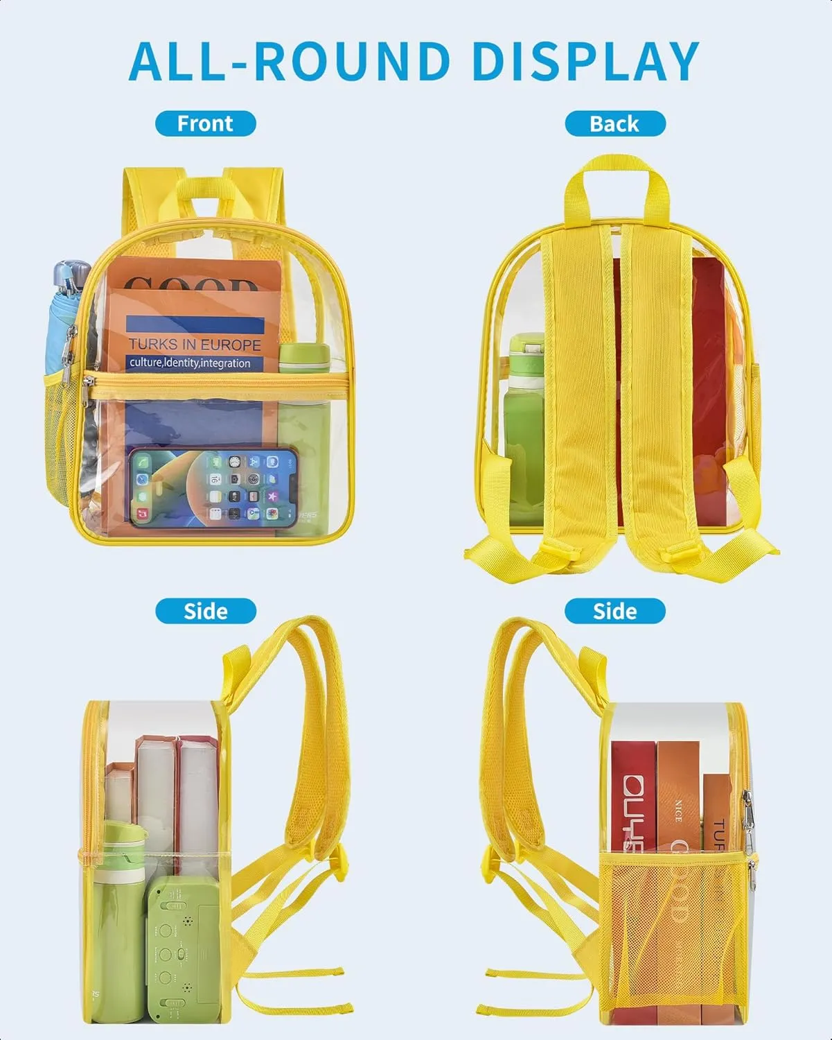 Paxiland Clear Backpack Stadium Approved 12×12×6 with Reinforced and Wider Shoulder Straps, Small Clear Bag for Schools, Concerts, Work, Festivals and Sporting Events - Yellow
