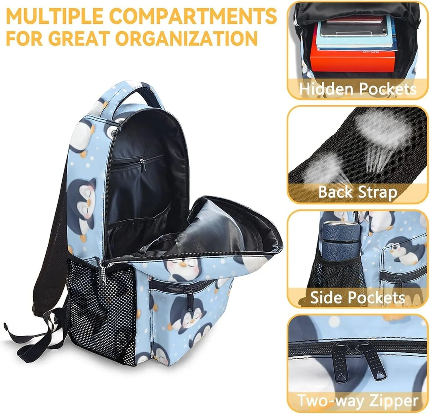 Penguin Backpacks for Girls, 16 Inch Cute Backpack for School, Blue, Large Capacity, Durable, Lightweight Bookbag for Boys Travel