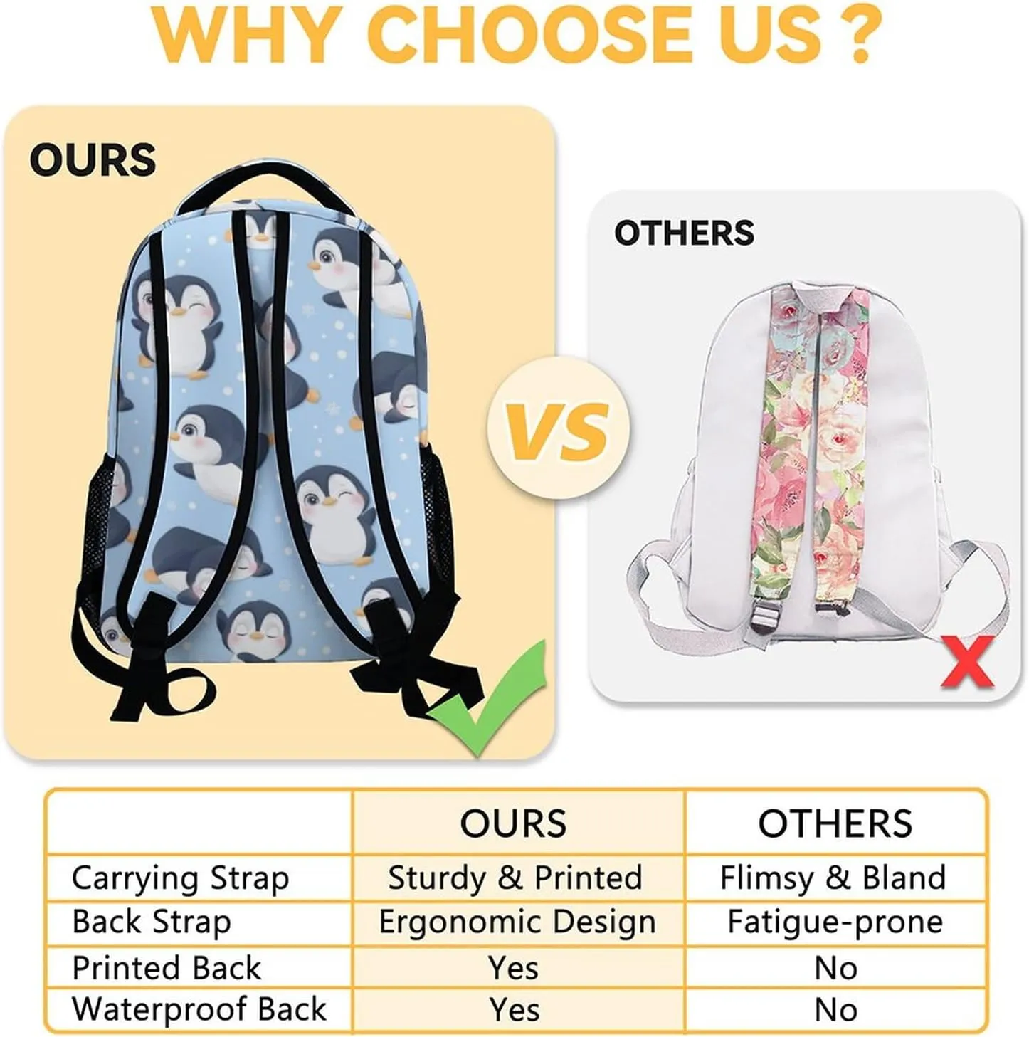Penguin Backpacks for Girls, 16 Inch Cute Backpack for School, Blue, Large Capacity, Durable, Lightweight Bookbag for Boys Travel