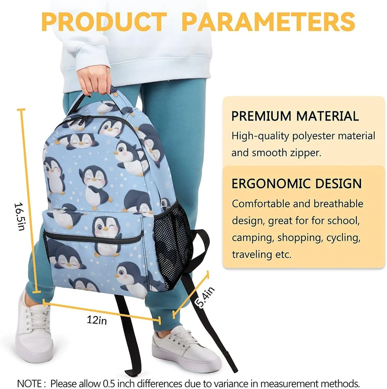 Penguin Backpacks for Girls, 16 Inch Cute Backpack for School, Blue, Large Capacity, Durable, Lightweight Bookbag for Boys Travel