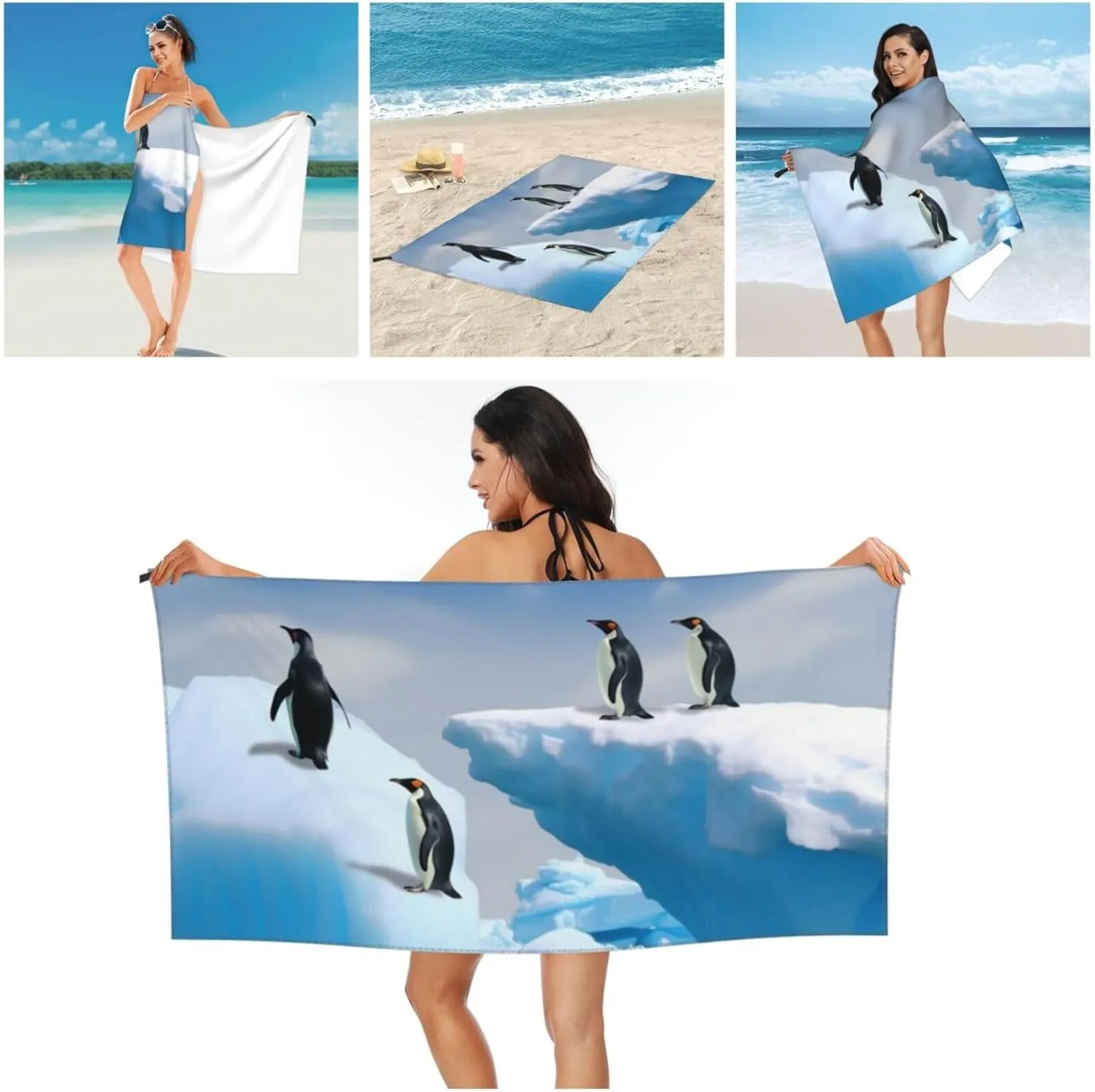 Penguins On The Iceberg Beach Towel Oversized 31.5"x63" Microfiber Quick Dry Travel Camping Towel Super Absorbent Lightweight Gym Towels for Swimming Pool Vacation Essential Gift