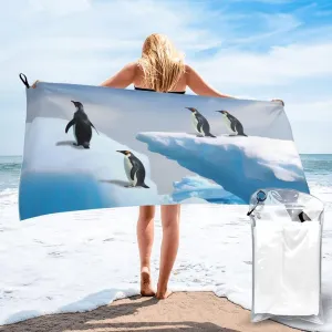Penguins On The Iceberg Beach Towel Oversized 31.5"x63" Microfiber Quick Dry Travel Camping Towel Super Absorbent Lightweight Gym Towels for Swimming Pool Vacation Essential Gift