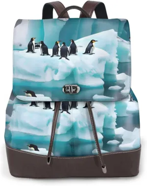 Penguins On The Iceberg Print Leather Backpack Bags For Women Fashion Shoulder Bags Large Travel Hiking Daypacks