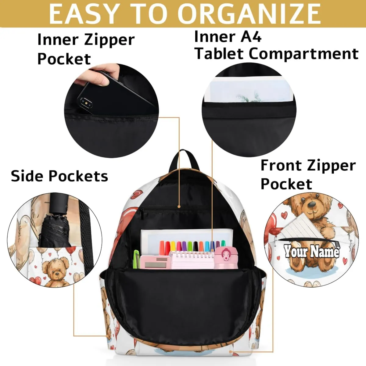 Personalized Animals Bears Preschool Toddler Backpack for Boys Girls Custom Kids Name Small Bookbags Kindergarten Elementary Backpack, Teddy Bears