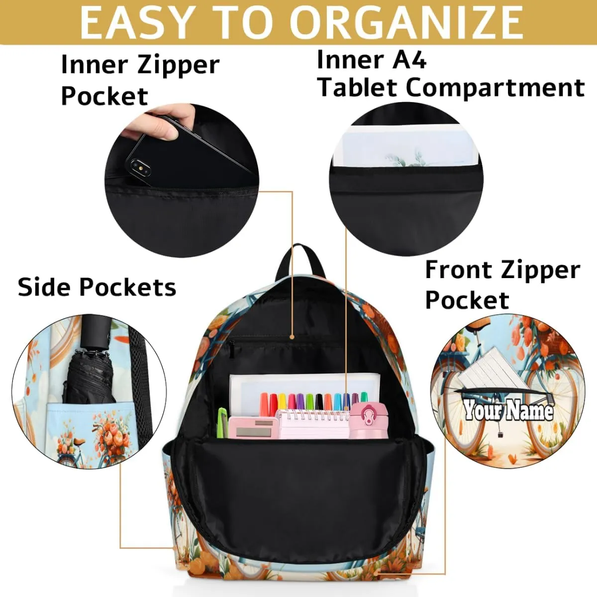 Personalized Bicycle Preschool Toddler Backpack for Boys Girls Custom Kids Name Small Bookbags Kindergarten Elementary Backpack, Summer Flower