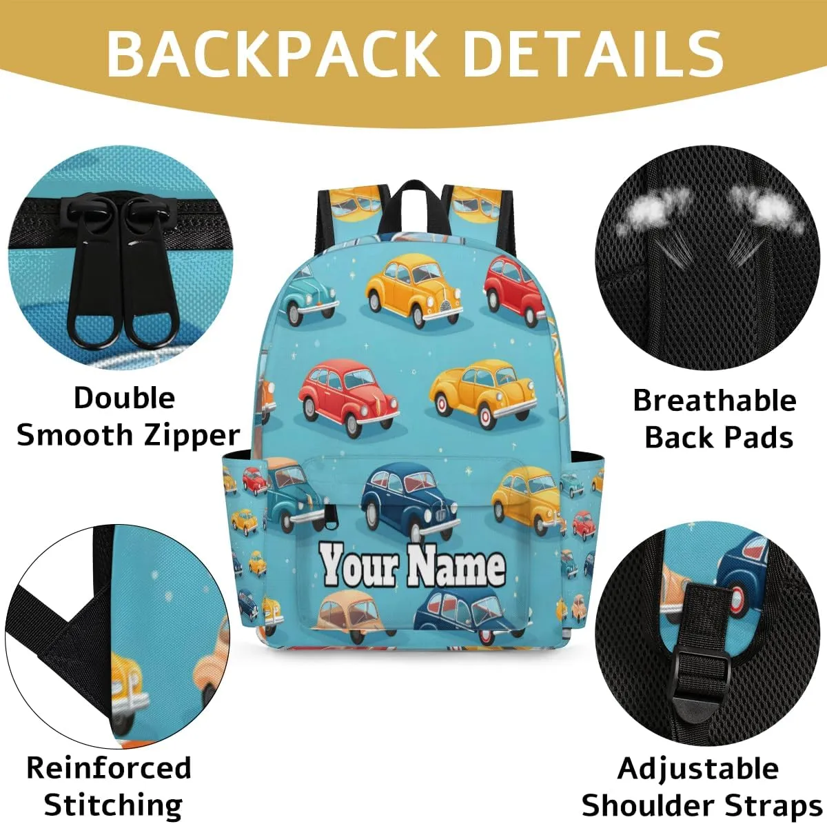 Personalized Cars Pattern Preschool Toddler Backpack for Boys Girls Custom Kids Name Small Bookbags Kindergarten Elementary Backpack, Cute Cars