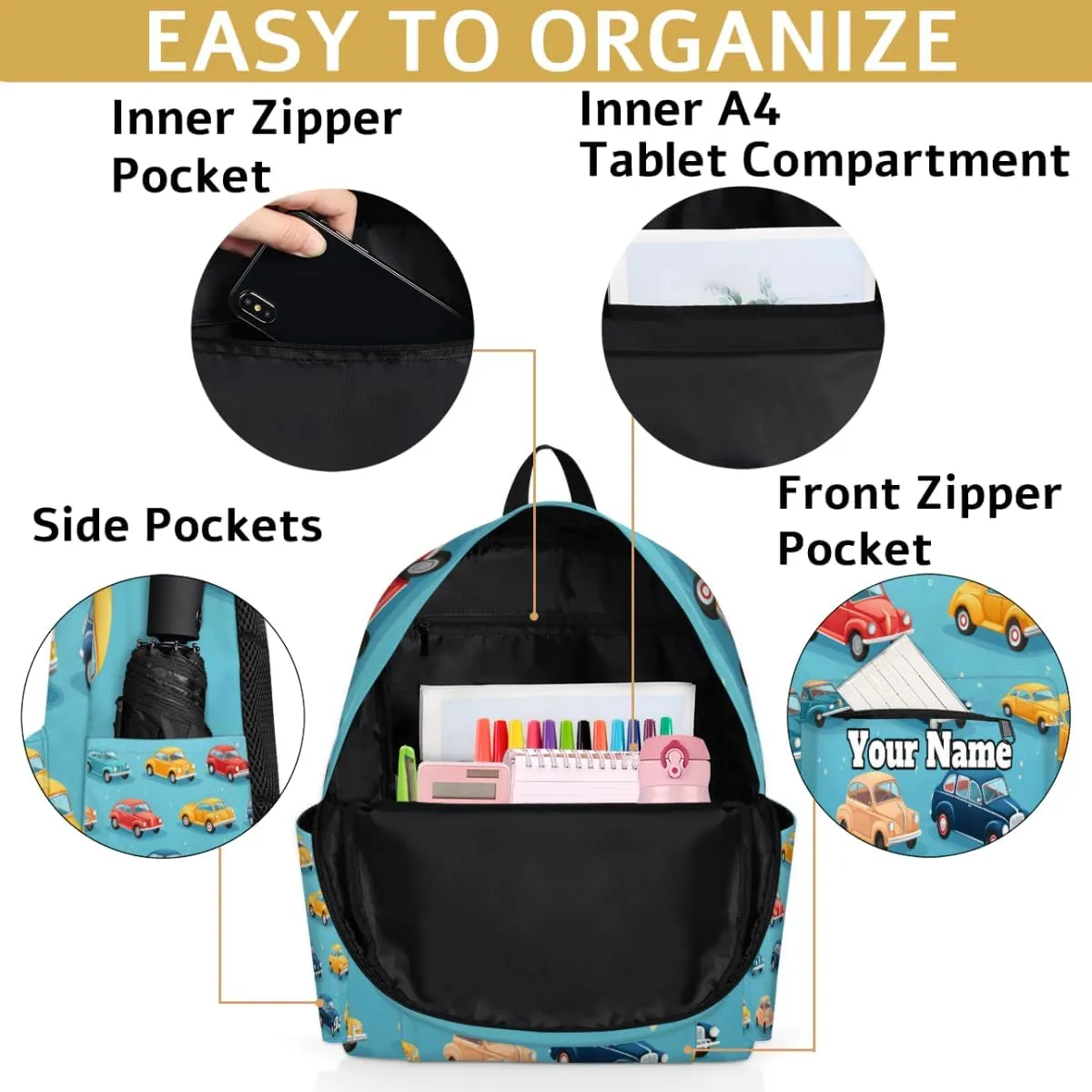 Personalized Cars Pattern Preschool Toddler Backpack for Boys Girls Custom Kids Name Small Bookbags Kindergarten Elementary Backpack, Cute Cars