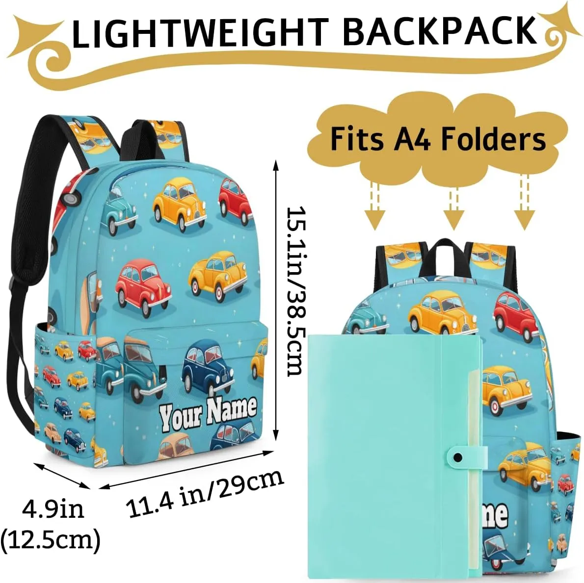 Personalized Cars Pattern Preschool Toddler Backpack for Boys Girls Custom Kids Name Small Bookbags Kindergarten Elementary Backpack, Cute Cars
