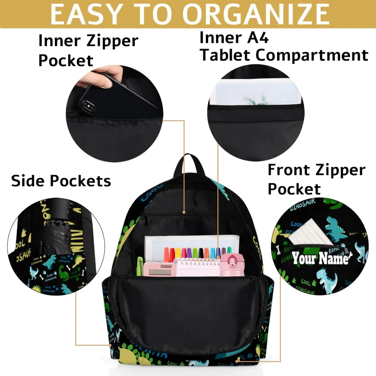 Personalized Cute Alphabet Dinosaur Preschool Toddler Backpack for Boys Girls Custom Kids Name Small Bookbags Kindergarten Elementary Backpack, Dinosaurs