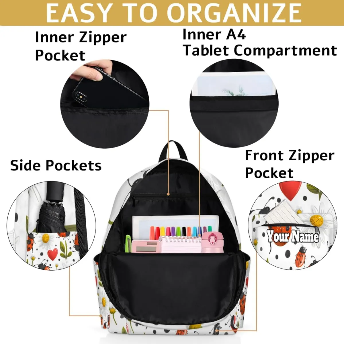 Personalized Cute Ladybugs Preschool Toddler Backpack for Boys Girls Custom Kids Name Small Bookbags Kindergarten Elementary Backpack, Daisy Floral