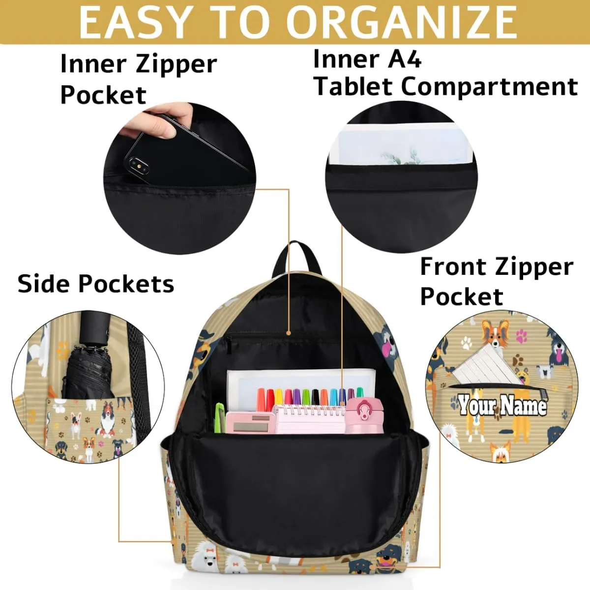 Personalized Dog Preschool Toddler Backpack for Boys Girls Custom Kids Name Small Bookbags Kindergarten Elementary Backpack, Dog Breeds Profiles Pets