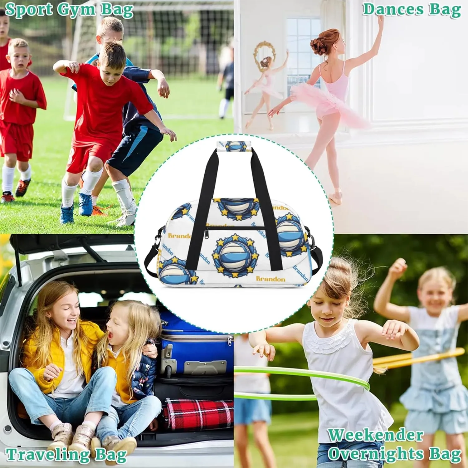 Personalized Duffle-Bag for-Girls-Boys Customized Sports-Bag Carry-On-Bag Gym-Travel-Bag Football-Bag Gymnastics-Bag Blue White Star Volleyball Brandon