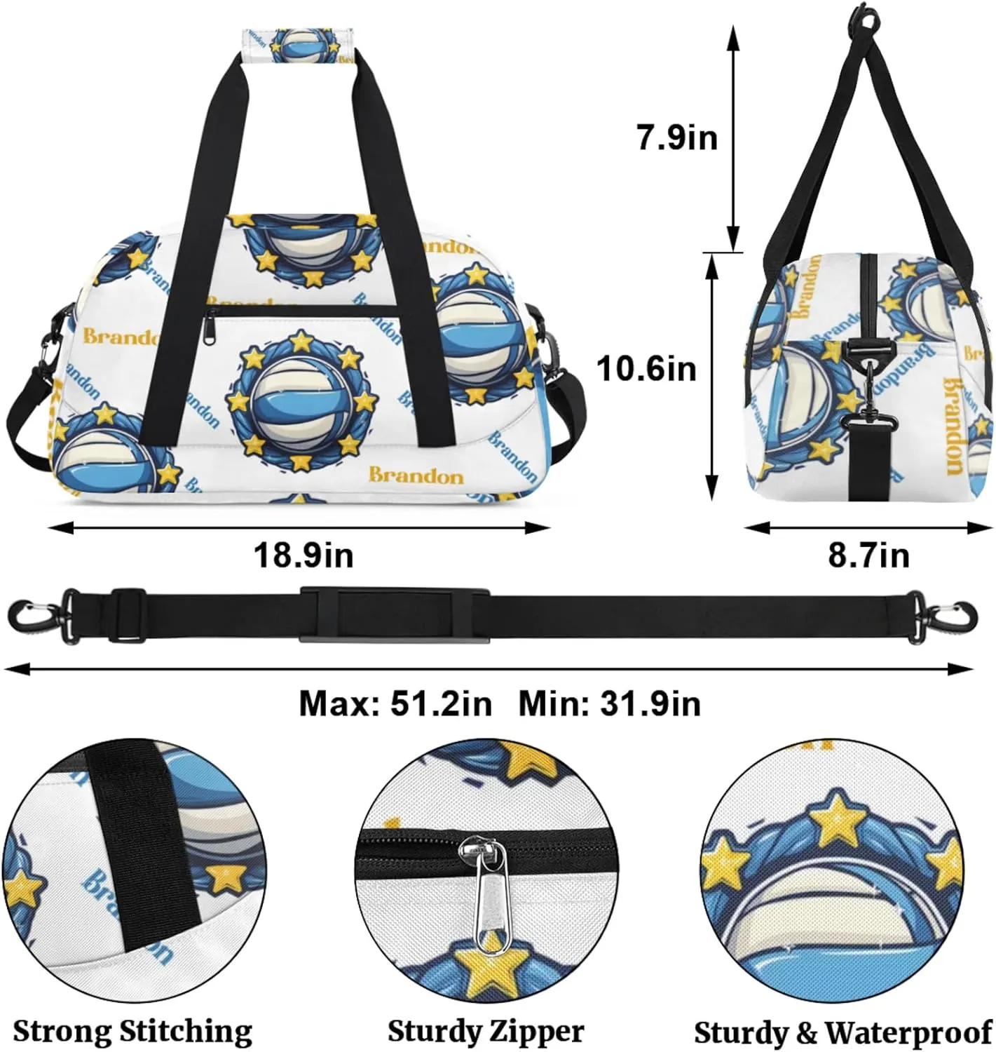 Personalized Duffle-Bag for-Girls-Boys Customized Sports-Bag Carry-On-Bag Gym-Travel-Bag Football-Bag Gymnastics-Bag Blue White Star Volleyball Brandon