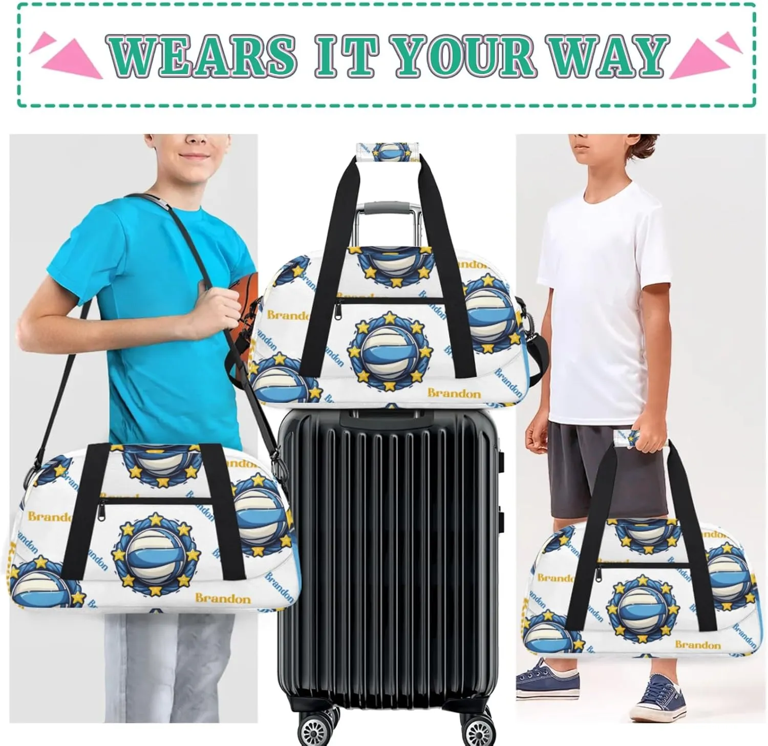 Personalized Duffle-Bag for-Girls-Boys Customized Sports-Bag Carry-On-Bag Gym-Travel-Bag Football-Bag Gymnastics-Bag Blue White Star Volleyball Brandon