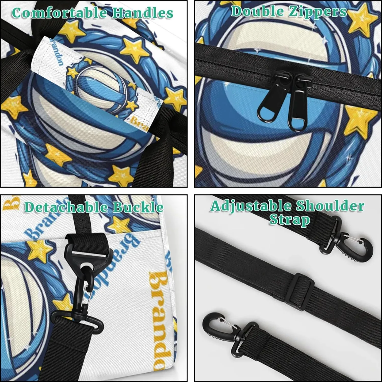 Personalized Duffle-Bag for-Girls-Boys Customized Sports-Bag Carry-On-Bag Gym-Travel-Bag Football-Bag Gymnastics-Bag Blue White Star Volleyball Brandon