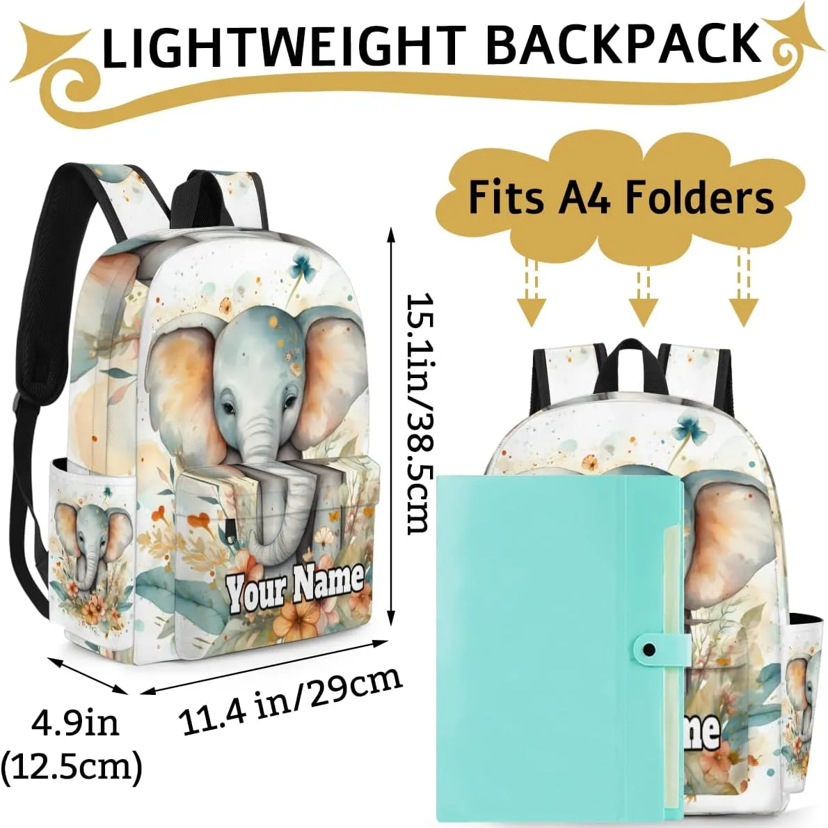 Personalized Elephant Preschool Toddler Backpack for Boys Girls Custom Kids Name Small Bookbags Kindergarten Elementary Backpack, Animals